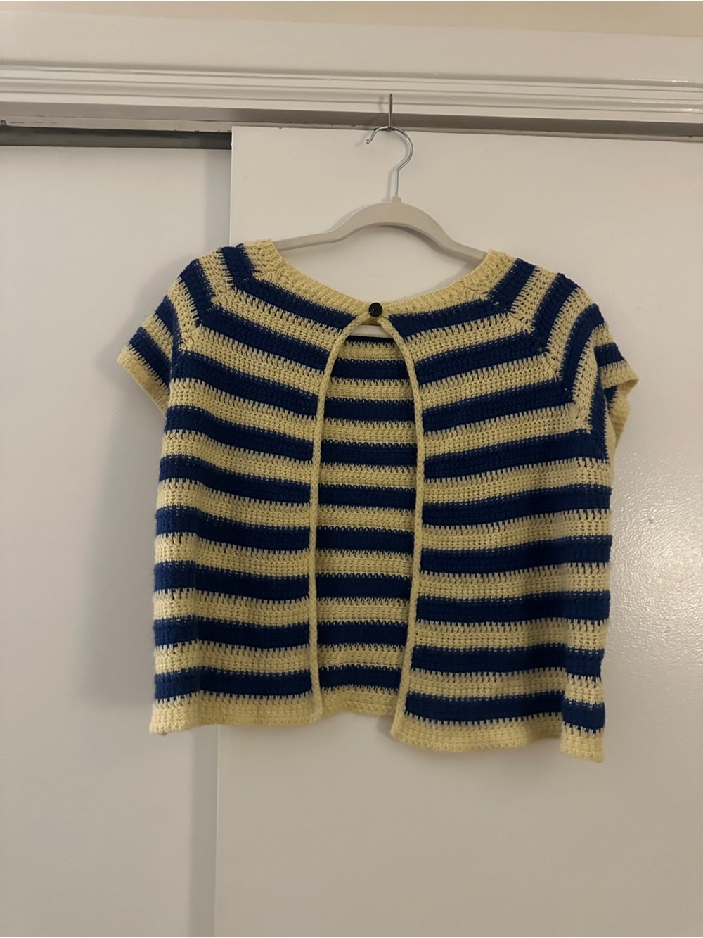 Striped Short-Sleeve Knit Sweater - Yellow & Blue